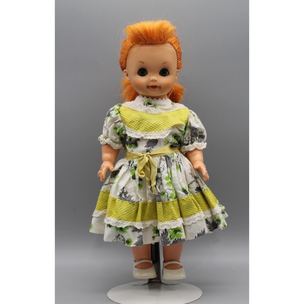 Vintage Play Girl Doll Red Hair Freckles Floral Lace Dress 12 Inch Plastic